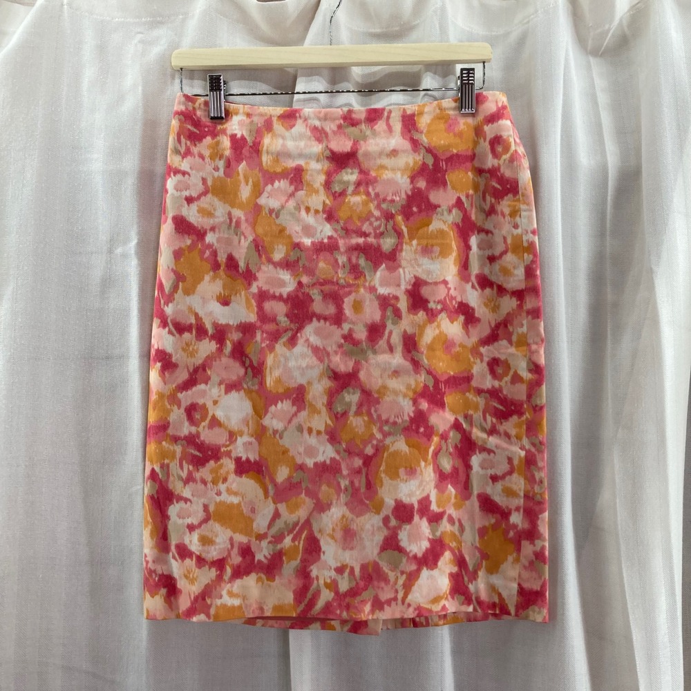 Talbots Floral Print Pencil Skirt Career Office Pink Orange Cotton Blend